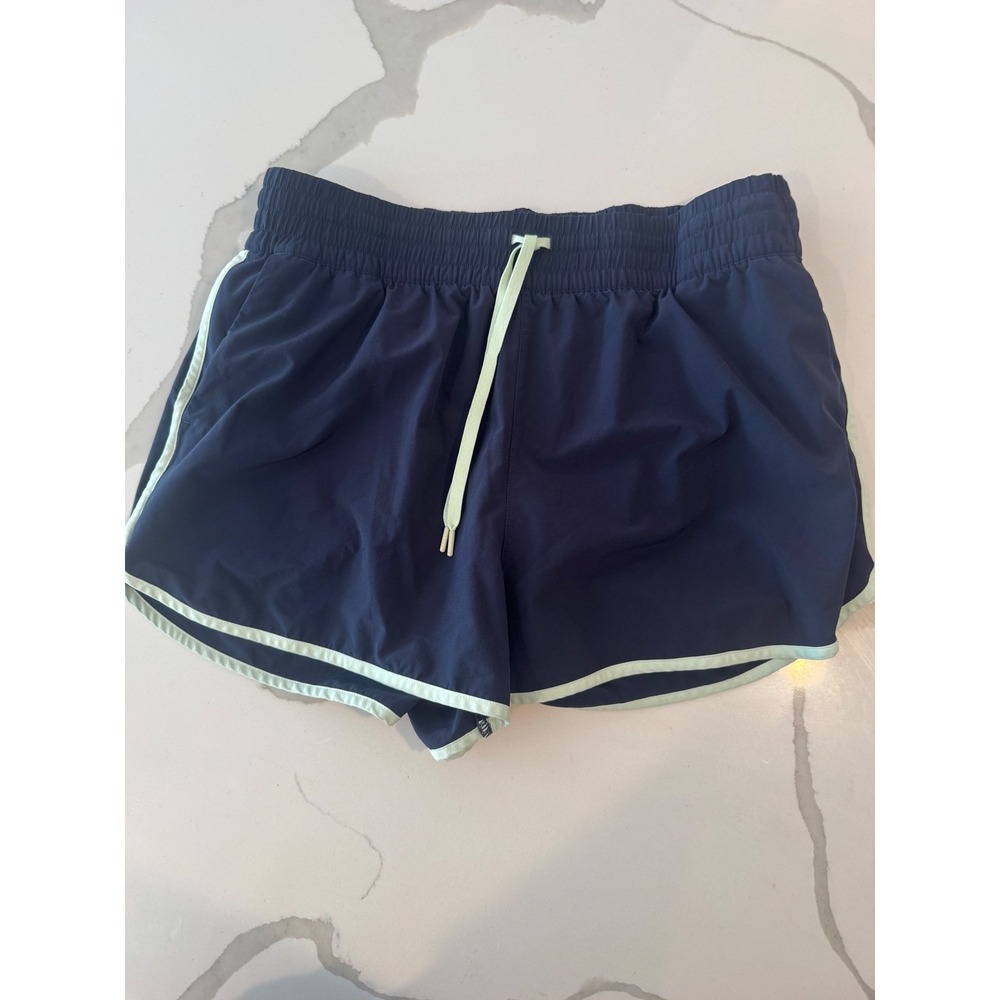 Athleta Women Navy Blue Running Shorts Mint Green Trim Athletic Gym Workout